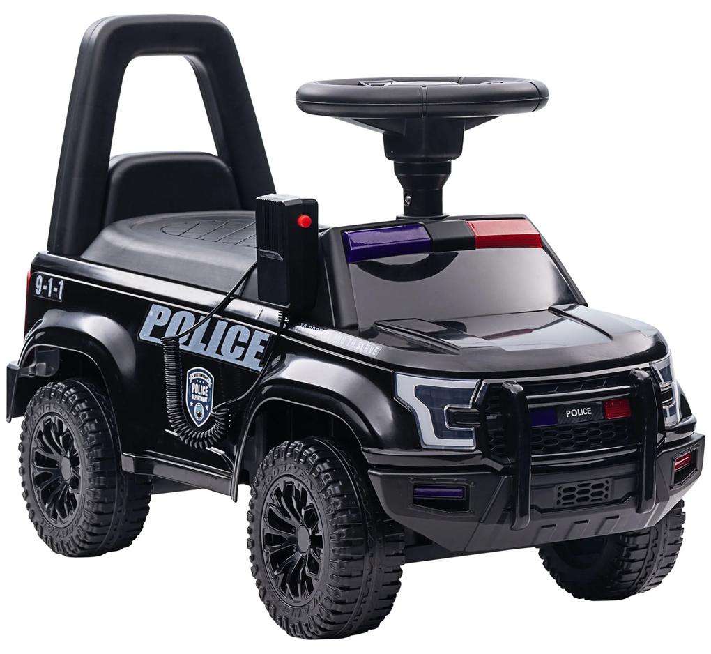 HOMCOM Carro Andador de Policia para Bebé de 18-60 Meses Carro sem Pedais com Buzina Megafone Compartimento de Armazenamento e Encosto Removível 62x29x43cm Preto