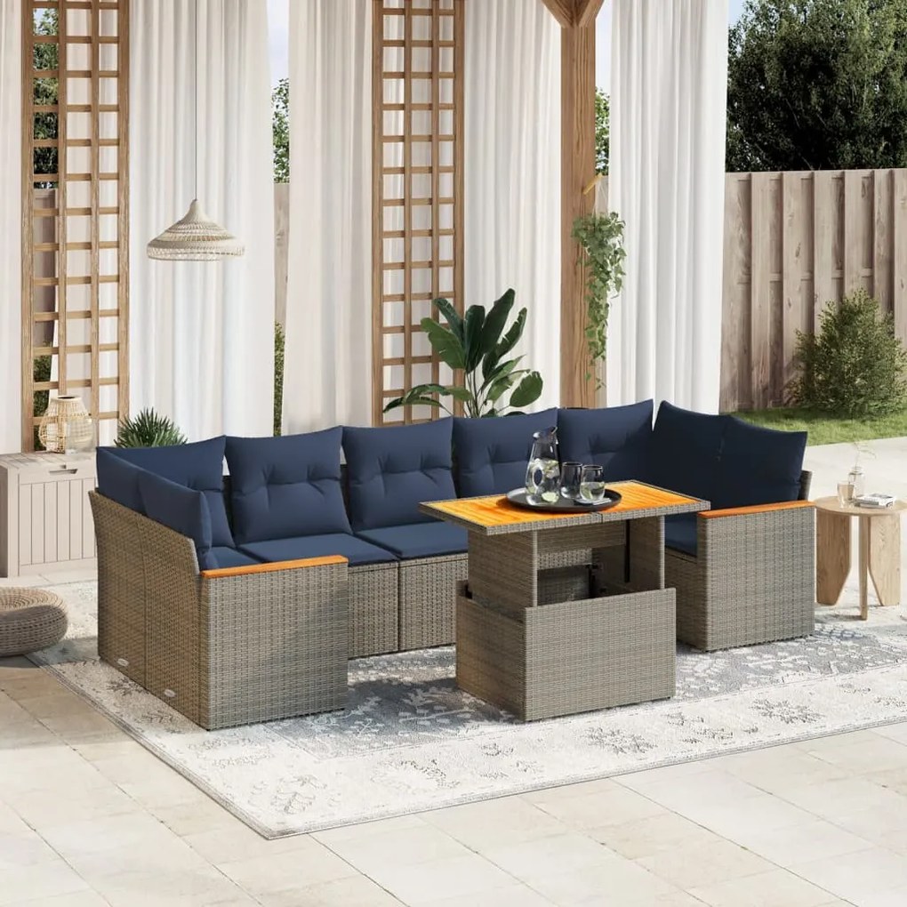 vidaXL 8 pcs conjunto sofás p/ jardim c/ almofadões vime PE cinzento
