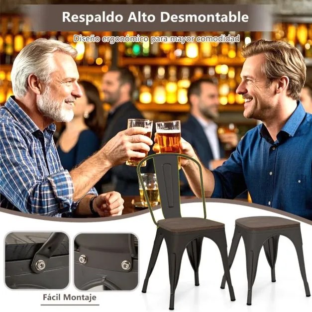 Conjunto de 4 cadeiras de jantar empilháveis em metal com assento em madeira e encosto alto removível Castanho escuro