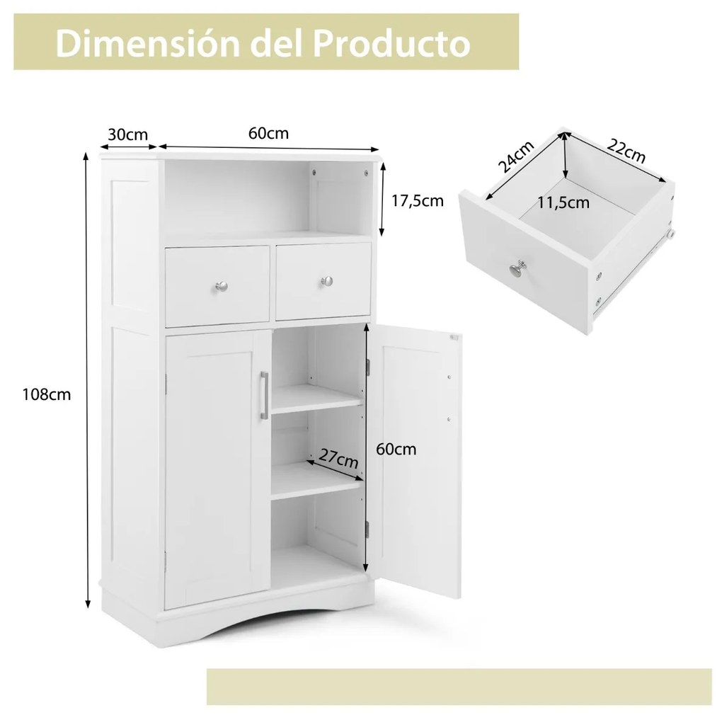 Armário de casa de banho de chão com 2 portas, 2 gavetas e 2 prateleiras ajustáveis Organizador de armazenamento 60 x 30 x 108 cm Branco