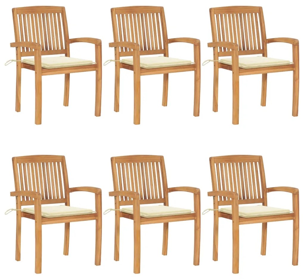 vidaXL Cadeiras de jardim empiháveis c/ almofadões 6 pcs teca maciça