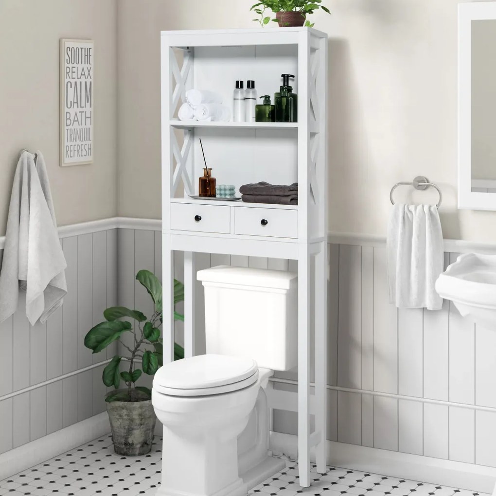 Armário Casa de banho de arrumação sobre a sanita Organizador com calha regulável 2 prateleiras Gaveta economizadora de espaço 60 x 20 x 165,5 cm Branco