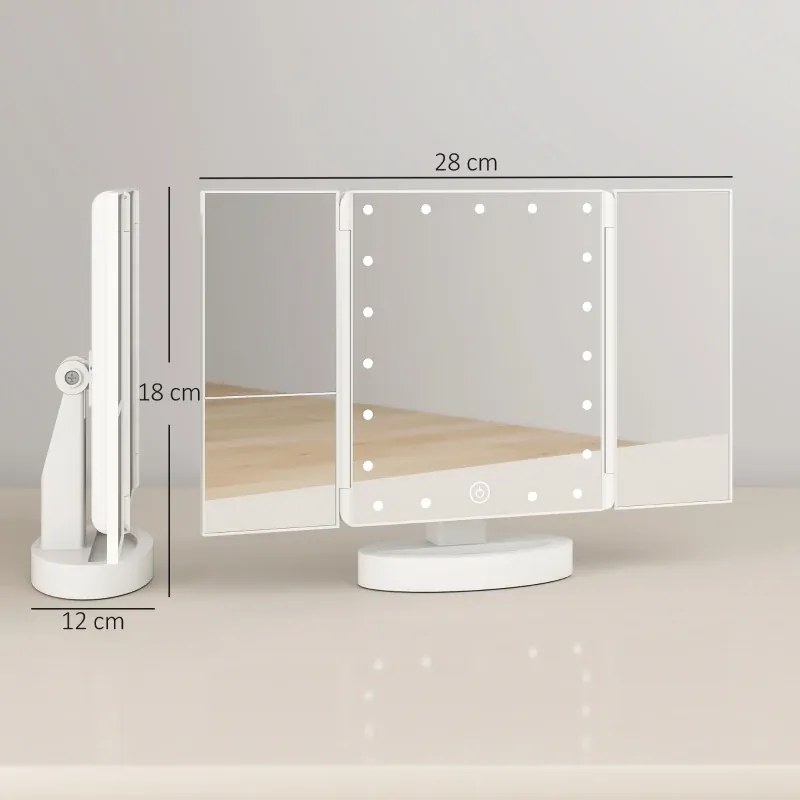 Espelho de Maquilhagem com Luz com Aumento 1x/2x/3x Rotação Livre de 180° 21 Luzes LED 28x12x18 cm Branco