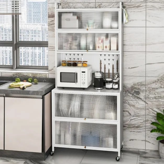 Armário de cozinha de 6 níveis buffet  com estantes Portas com Bancada para micro-ondas 80 x 40 x 178 cm Branco