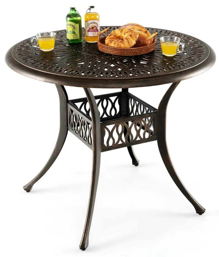 Mesa externa jardim de alumínio fundido com orifício para guarda-sol de 2" Castanho antigo