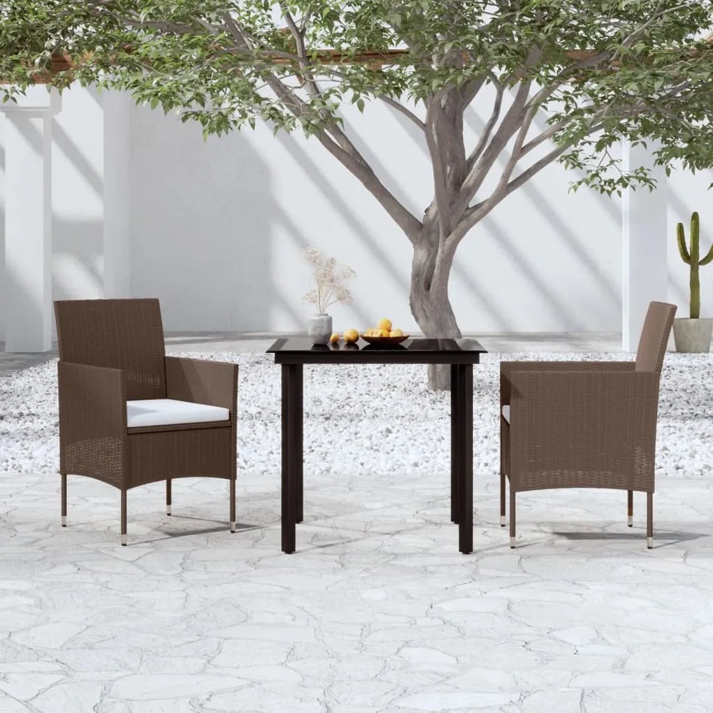 vidaXL 3 pcs conj. de jantar para jardim c/ almofadões castanho/preto