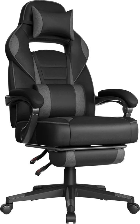 Cadeira gaming com apoio para os pés, apoio para a cabeça e almofada lombar, preto e cinza-ardósia