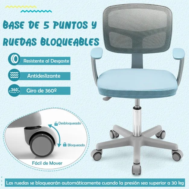 Cadeira de secretária ergonómica para crianças com rodas Cadeira giratória para computador com bloqueio de pressão Apoio lombar ajustável em altura Az