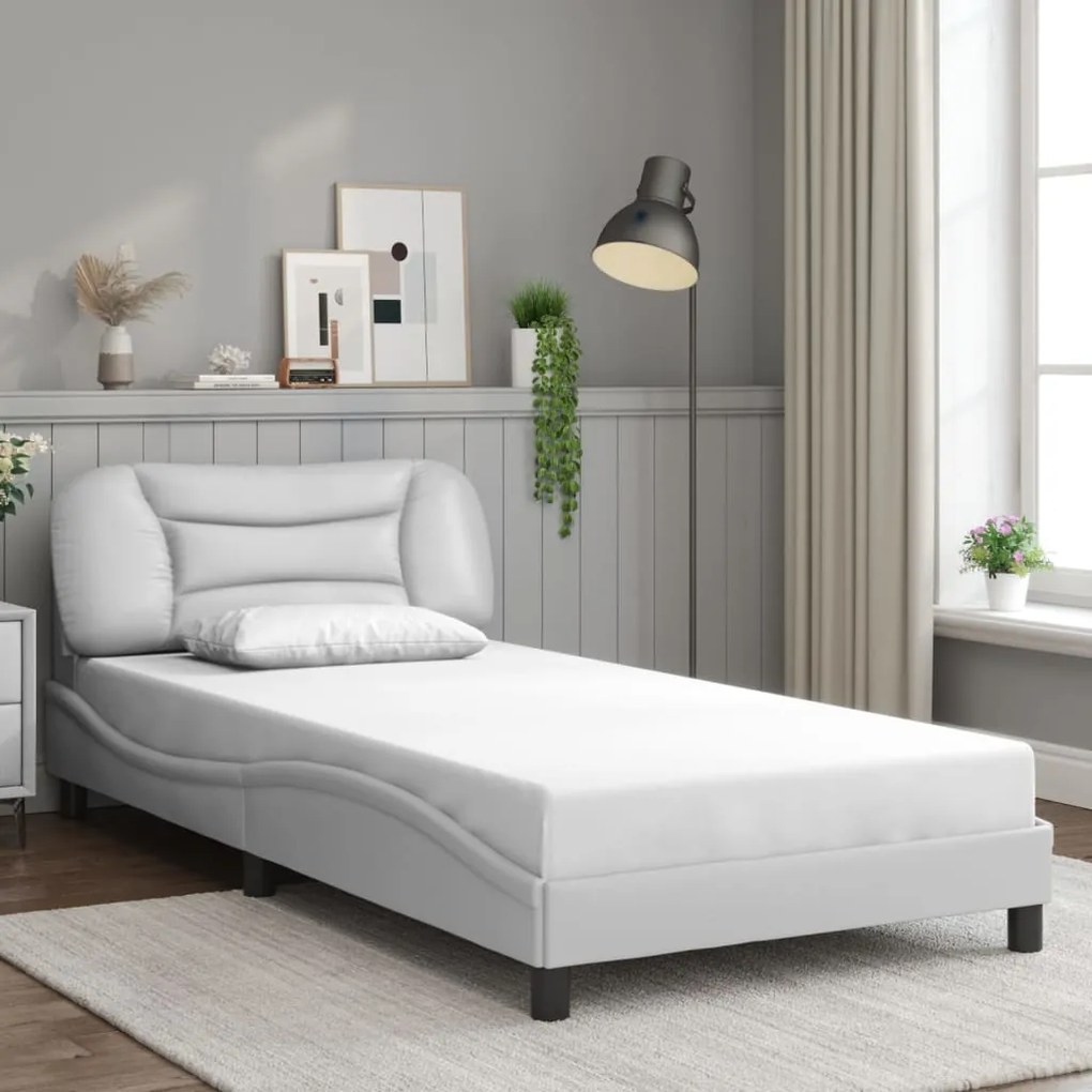 Estrutura cama c/ luzes LED 100x200 cm couro artificial branco