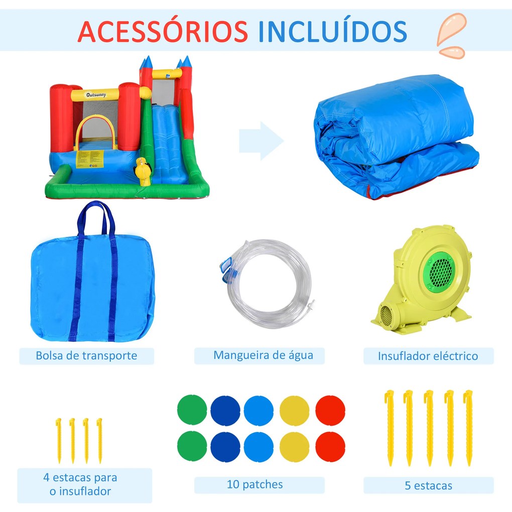 Outsunny Castelo Insuflável com Escorrega Trampolim Piscina e Pistola de Água para Crianças acima de 3 Anos com Inflador e Bolsa de Transporte para Interior Exterior 330x245x215cm Multicor