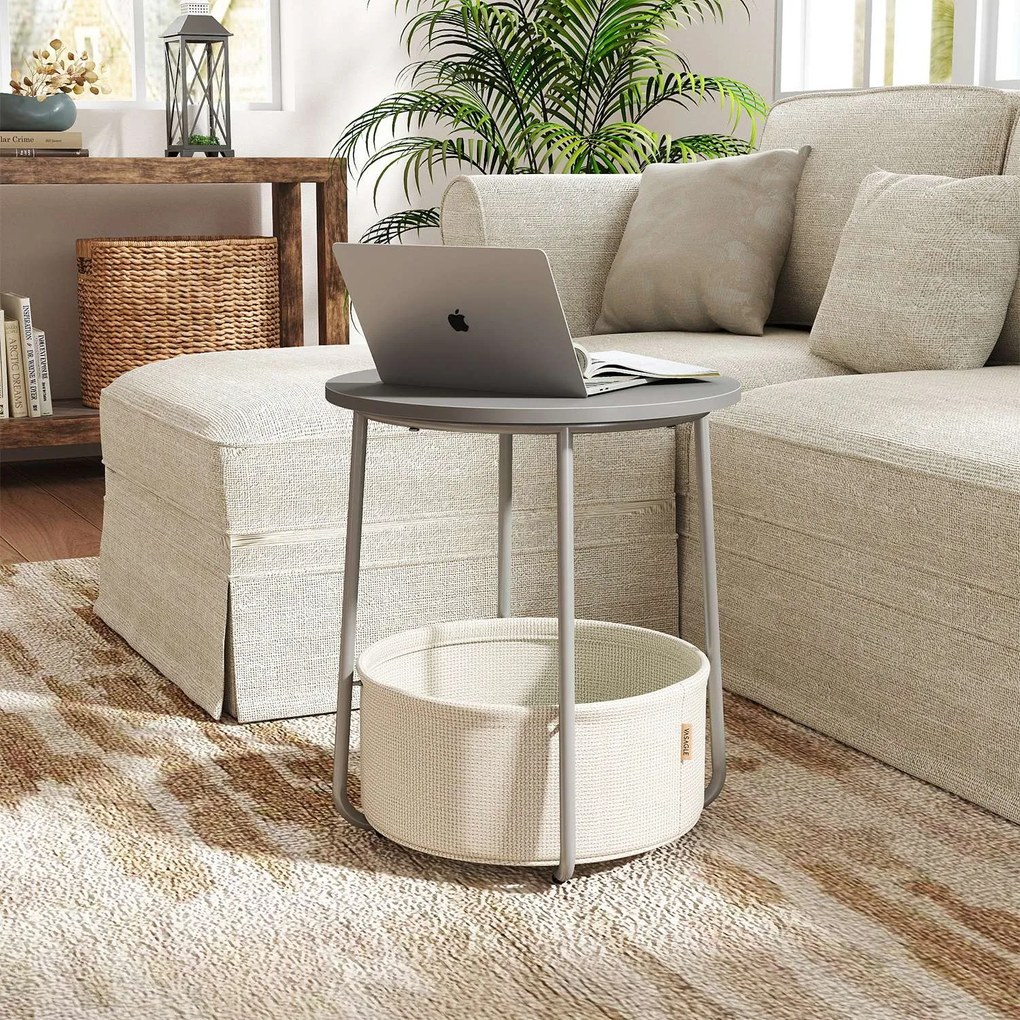 Mesa auxiliar redonda com cesto em tecido 45 x 50 cm cinza cimento + branco creme