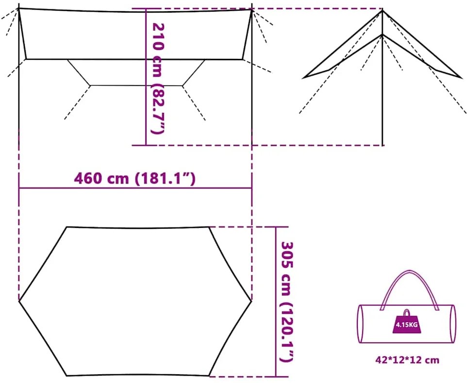 Lona de campismo 460x305x210 cm impermeável laranja