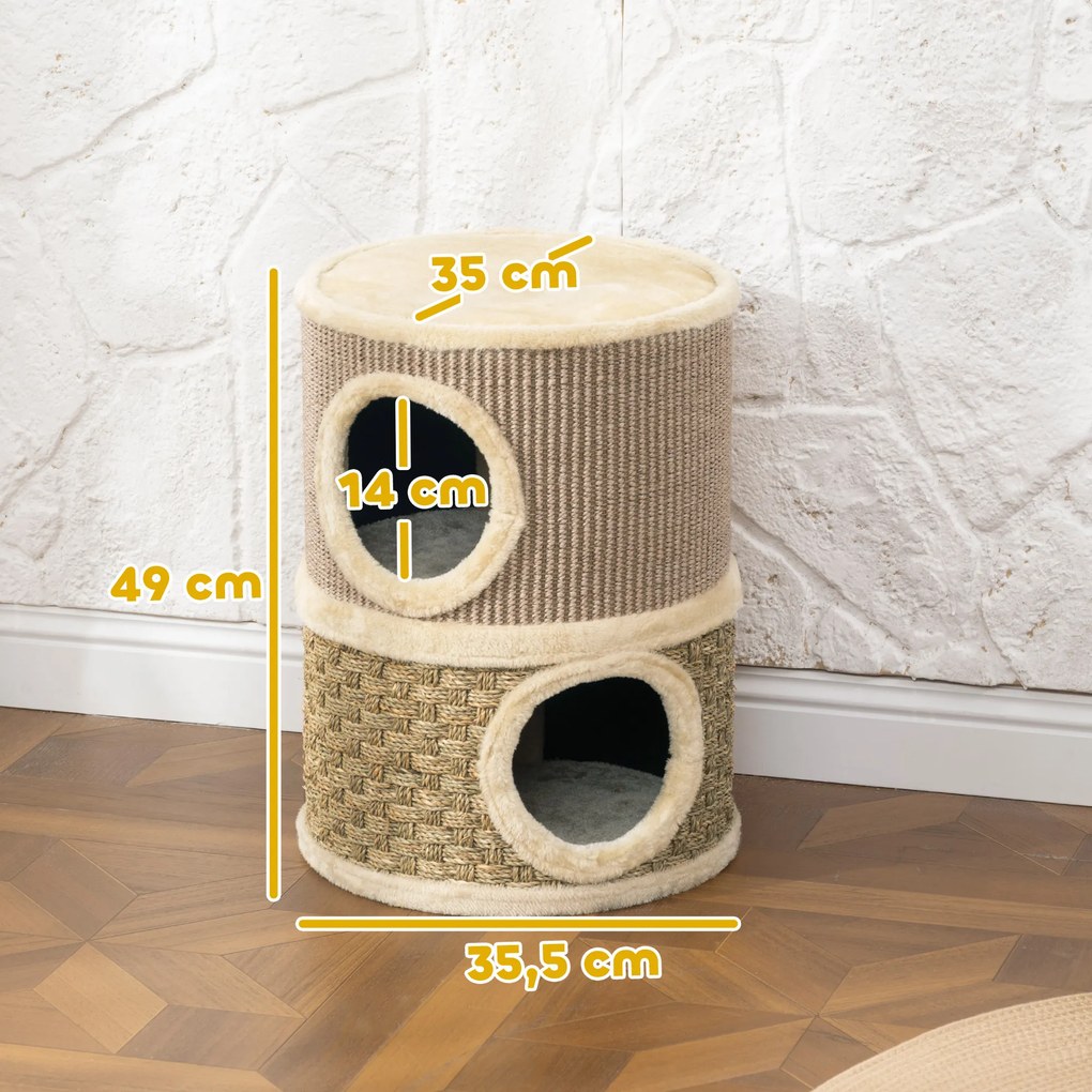 Arranhador em Forma de Cilindro para Gatos com 3 Níveis Plataforma e Caverna Confortável 37,5x37,5x70 cm Caqui e Bege