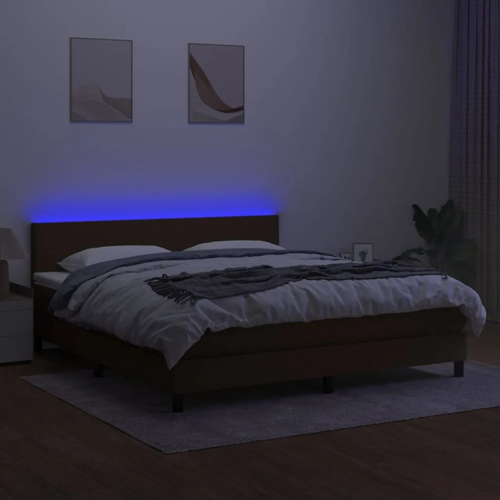 Cama box spring c/ colchão/LED 180x200cm tecido castanho-escuro