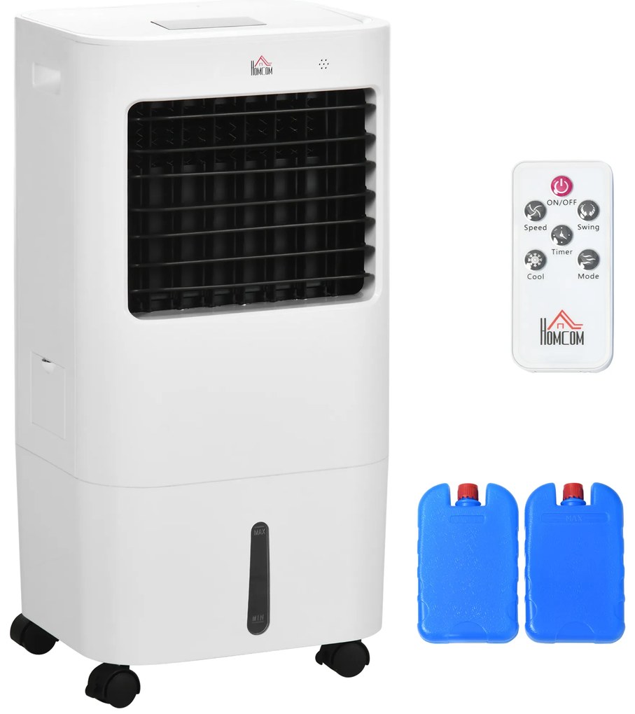 HOMCOM Climatizador de Ar Portátil Silencioso 65W Humidificador Ventoinha com Temporizador Oscilação 3 Velocidades 3 Modos 32x37x74 cm Branco