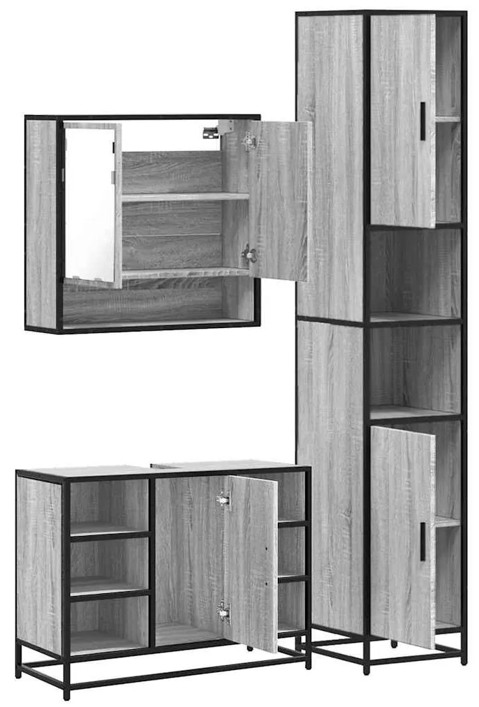3 pcs Conjunto móveis casa de banho madeira proc. cinza sonoma