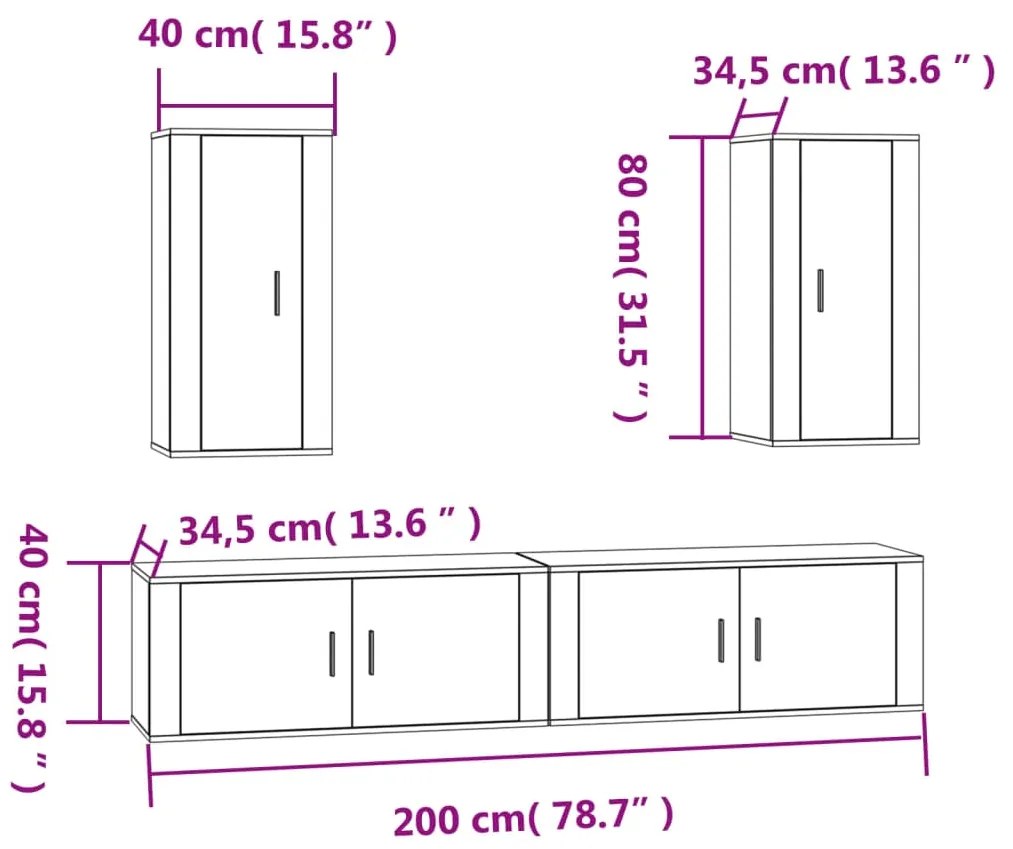 Conjunto móveis de TV 4 pcs madeira processada cinzento cimento