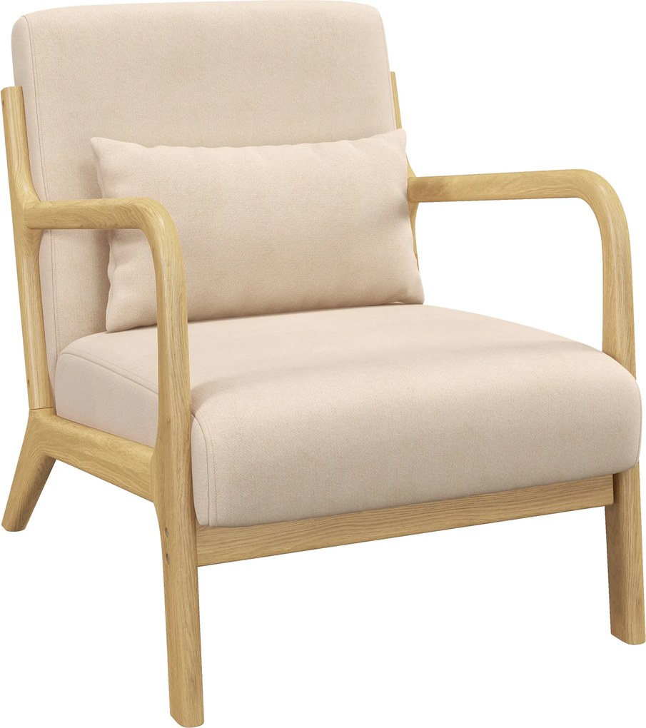 Poltrona Sala de Estar Nórdica Acolchoada com Apoio para os Braços e Estrutura de Madeira de Borracha 61x78x76 cm Bege