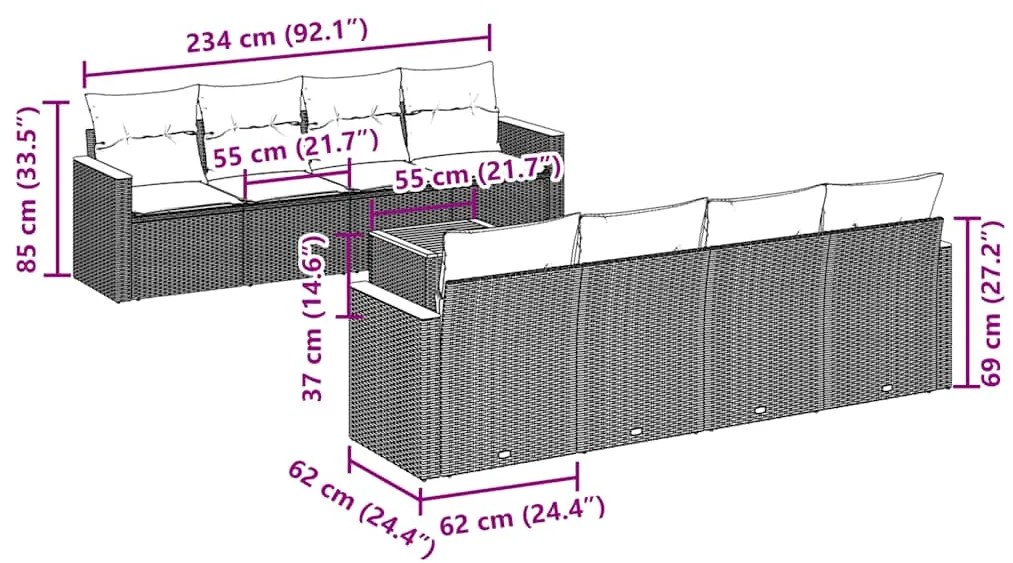 9 pcs conjunto de sofás p/ jardim c/ almofadões vime PE preto