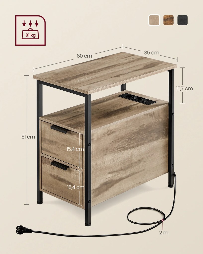 Mesa de apoio com 2 tomadas eléctricas 2 portas USB, 2 gavetas 60 x 35 x 61 cm castanho camelo-preto