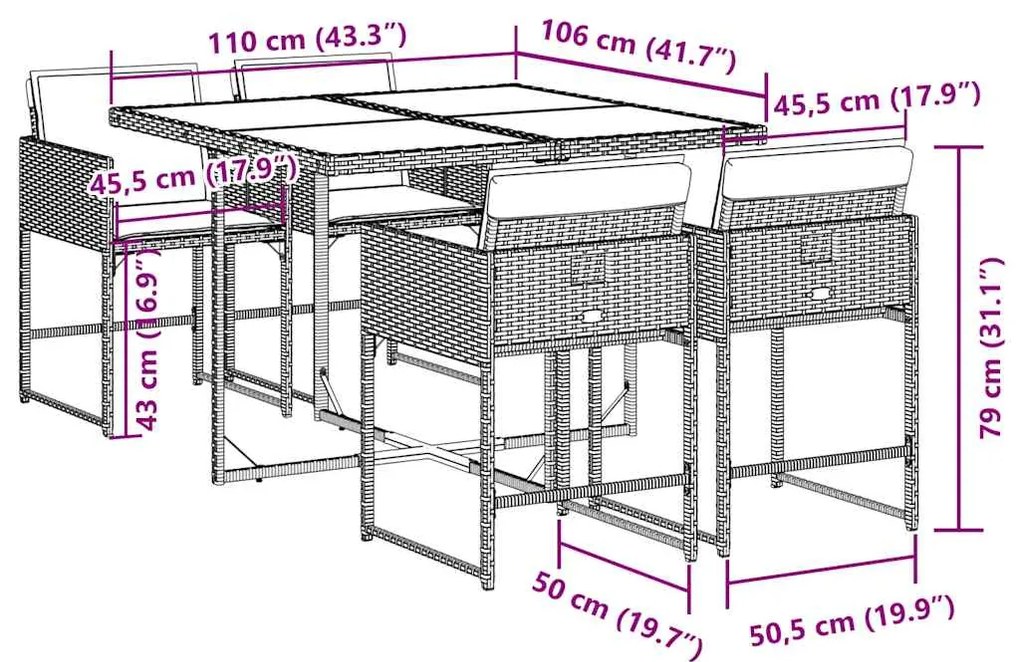 5 pcs conjunto de jantar p/ jardim c/ almofadões vime PE preto