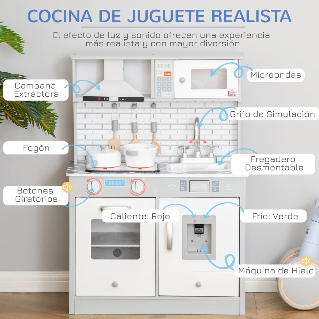 HOMCOM Cozinha Infantil de Madeira para Crianças acima de 3 Anos Cozinha de Madeira Infantil com Luz Sons Acessórios Utensílios Exaustor Lavatório e Microondas 60x29x84cm Cinza