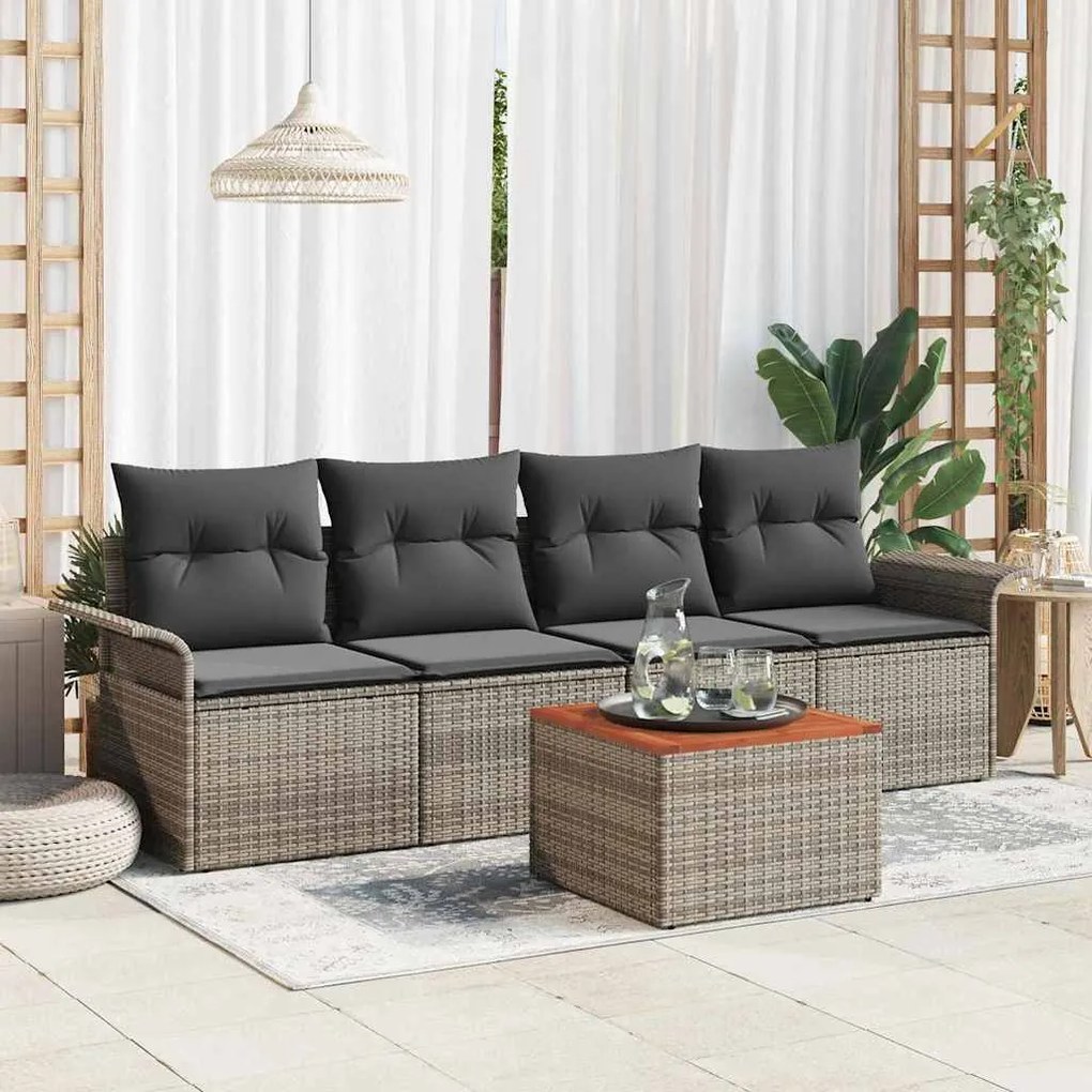Conjunto de Sofá de Jardim 5 Peças com Almofadas Cinzas em Rattan e Po