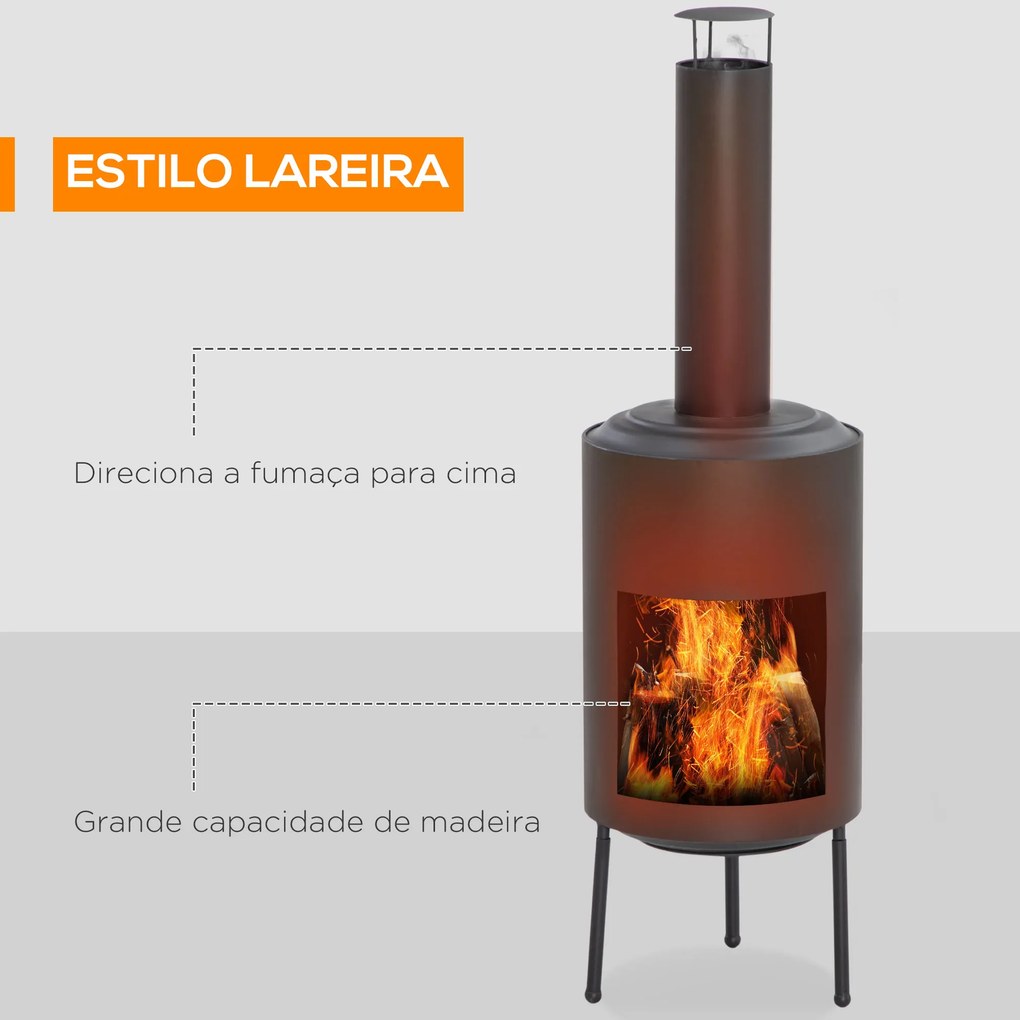 Outsunny Lareira de Jardim Braseiro Exterior de Metal com Atiçador e Chaminé para Fumaça para Varanda Campismo Ar Livre 30x30x105cm Preto