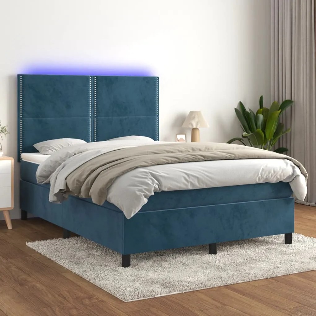 Cama box spring c/ colchão/LED 140x200 cm veludo azul-escuro