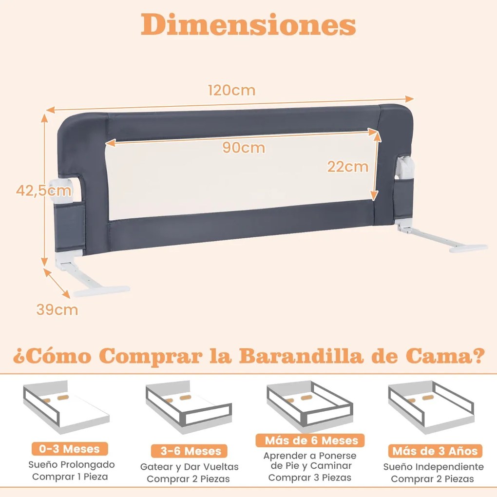 Barra segurança Cama para bebés dobrável Cama de solteiro Cama de casal 120 x 40,5 x 42 cm Cinzento