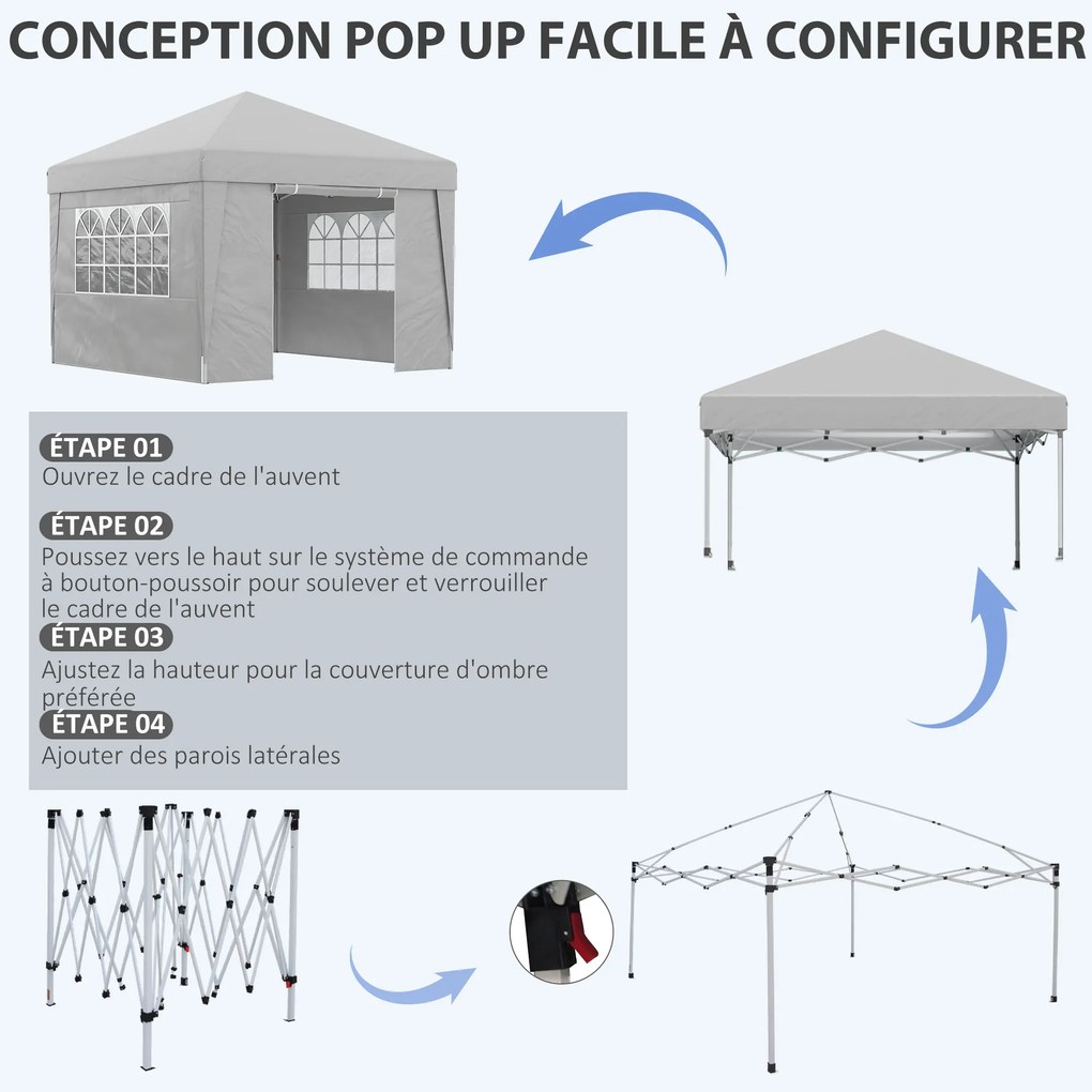 Tenda de jardim dobrável 3 x 3 x 2,75 m com proteção UV 30+ com janelas + paredes laterais + saco de transporte cinzento