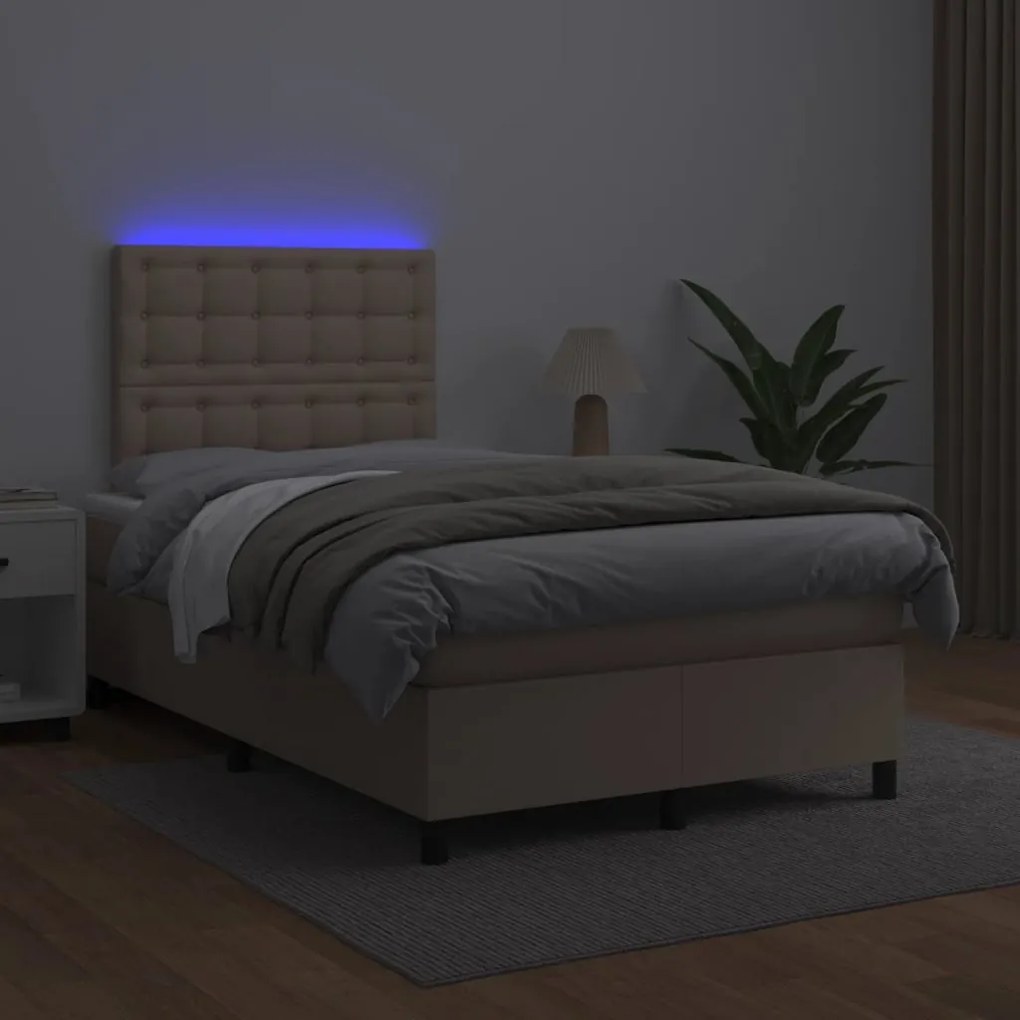 Cama box spring c/colchão/LED 120x190cm couro artif. cappuccino