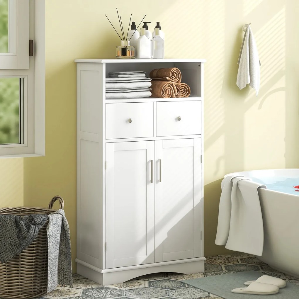 Armário de casa de banho de chão com 2 portas, 2 gavetas e 2 prateleiras ajustáveis Organizador de armazenamento 60 x 30 x 108 cm Branco