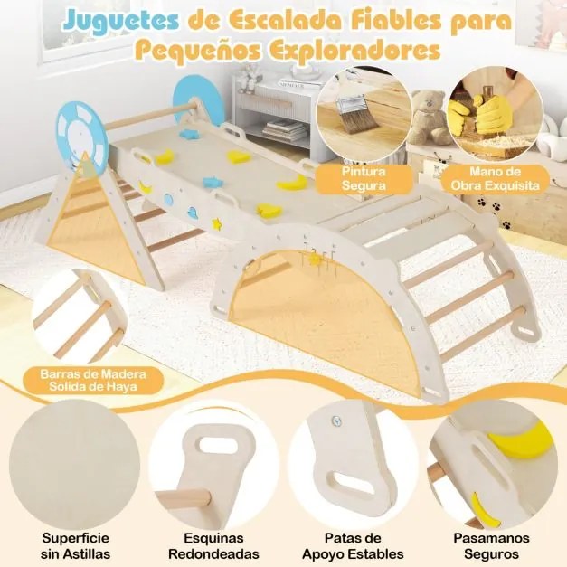 Conjunto triangular 8 em 1 de escalada para bebés com rampa, escada e arco de escalada Montessori de madeira Natural