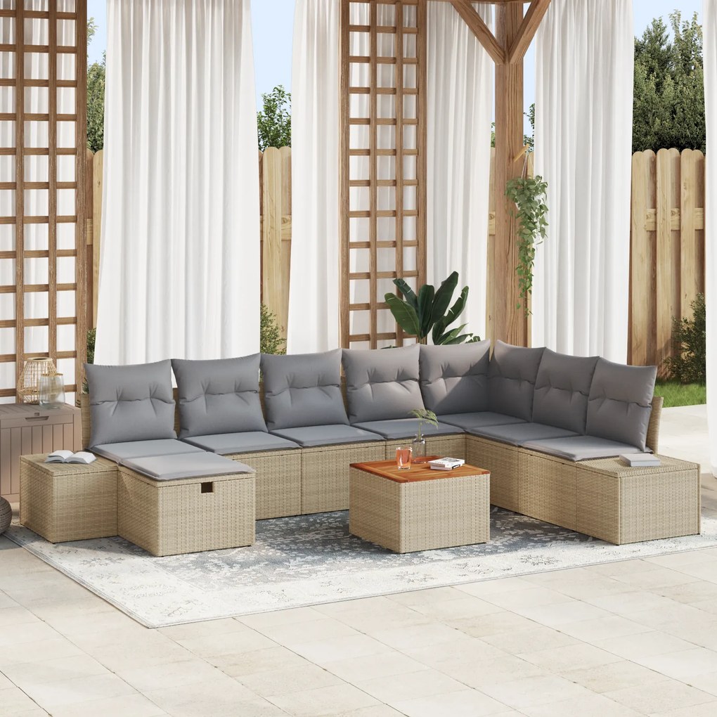 Conjunto de Sofá de Jardim de 9 Peças com Almofadas Bege de Vime Poly