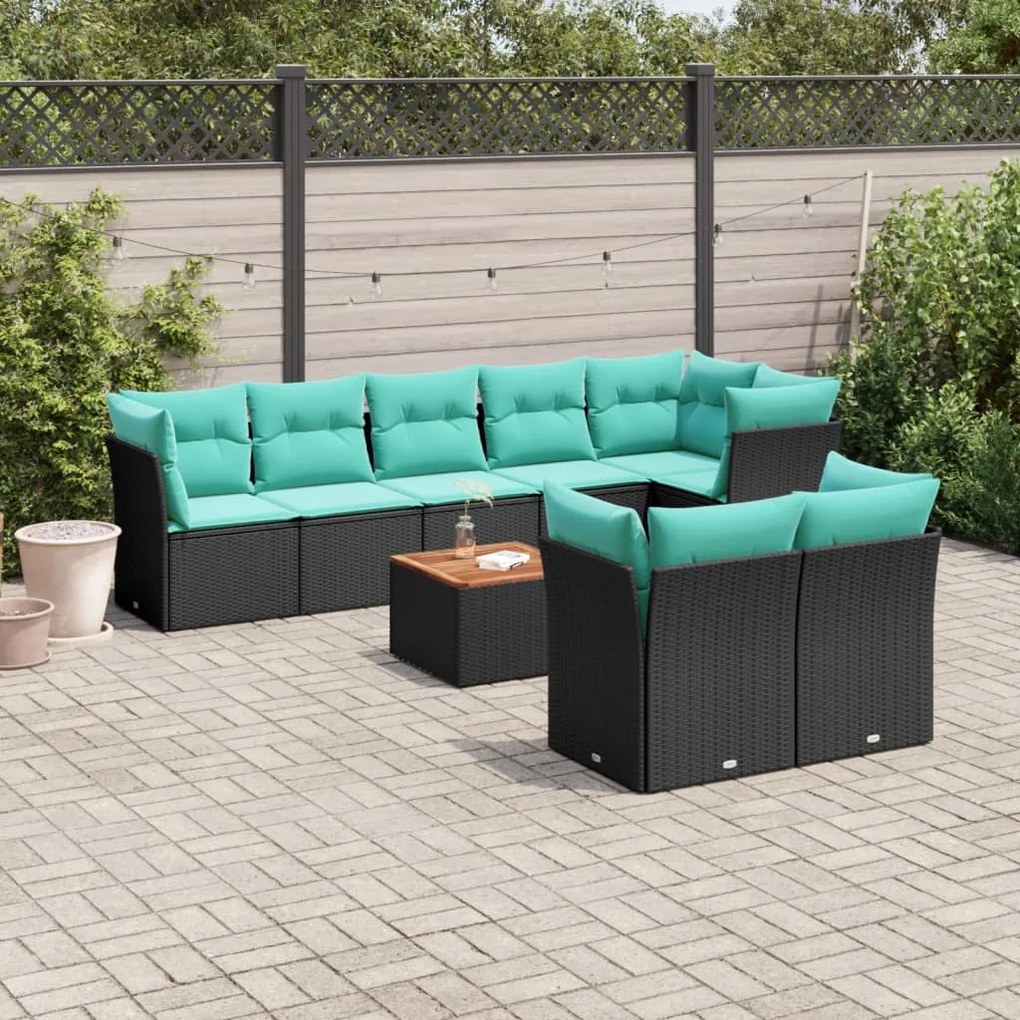 vidaXL 9 pcs conjunto de sofás p/ jardim c/ almofadões vime PE preto