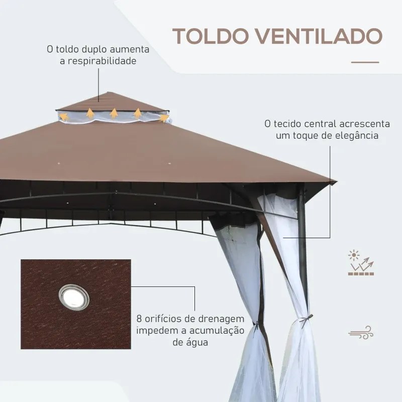 Pérgola de Jardim com Teto Duplo e Rede Mosquiteira com Fecho 295x295x270 cm Castanho e Branco