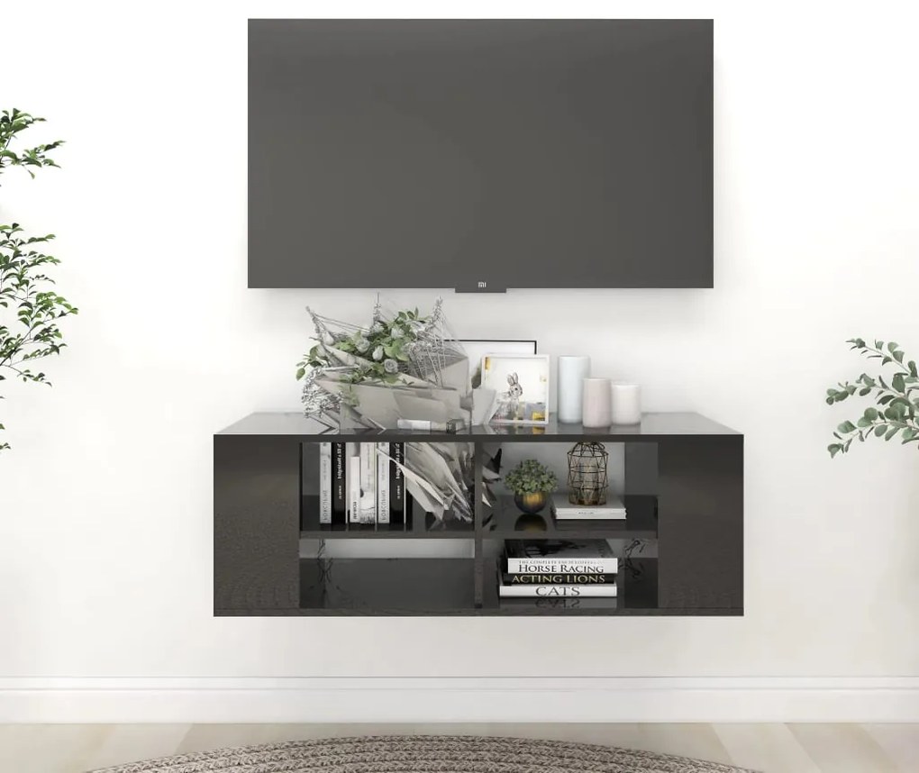 Armário de parede para TV derivados de madeira preto brilhante