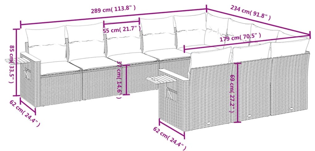 10 pcs conjunto de sofás p/ jardim com almofadões vime PE bege