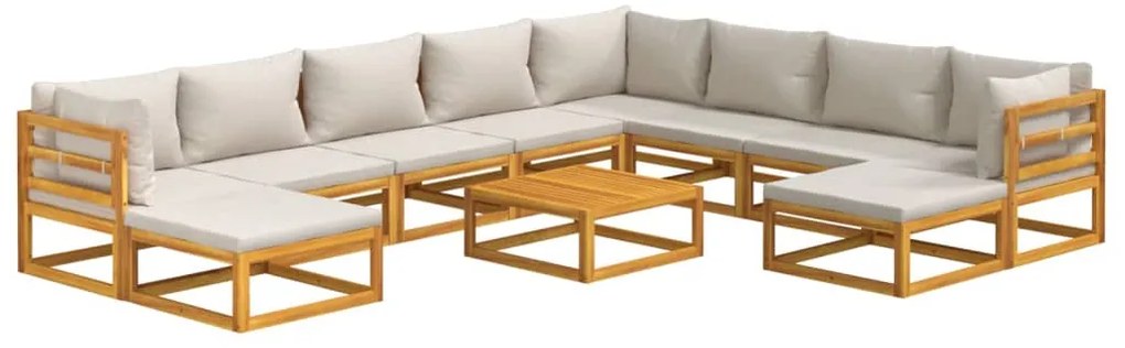 11 pcs conj. lounge de jardim madeira c/ almofadões cinza-claro
