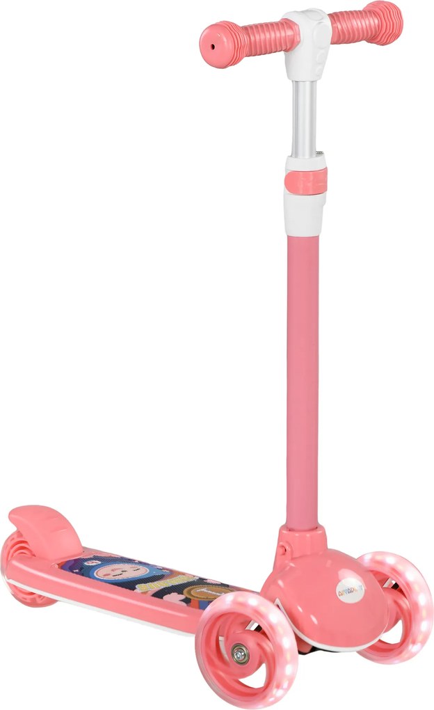 AIYAPLAY Trotinete para Crianças Trotinete com 3 Rodas LED Altura Ajustável Carga 25 kg 52x29x63-76 cm Rosa | Aosom Portugal