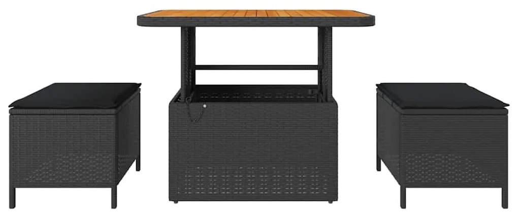 Conjunto de Jantar para Jardim de 3 Peças com Almofadas Preto Rattan P