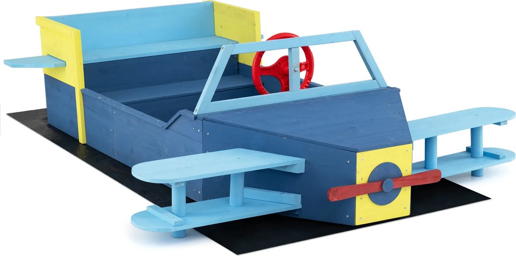 Caixa de areia infantil em madeira de abeto 166,5 x 140,5 x 50 cm, em forma de planador, com banco, assento, base aberta e forro inferior, para crianç