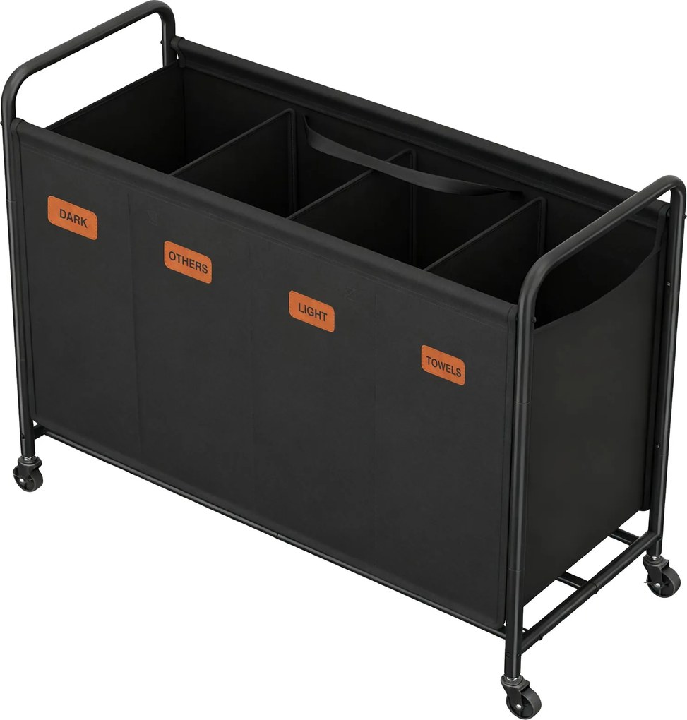 Cesto para roupa suja com 4 compartimentos com 200 l e rodas, 79 x 40 x 91 cm Preto