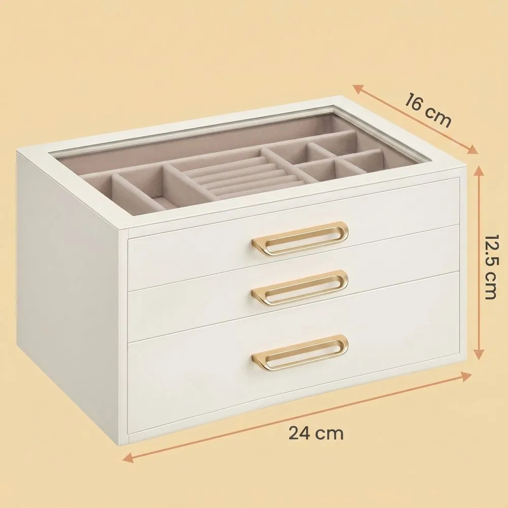 Caixa de joias em madeira com tampa de vidro, 3 níveis, 24 x 16 x 12,5 cm, branco-bege