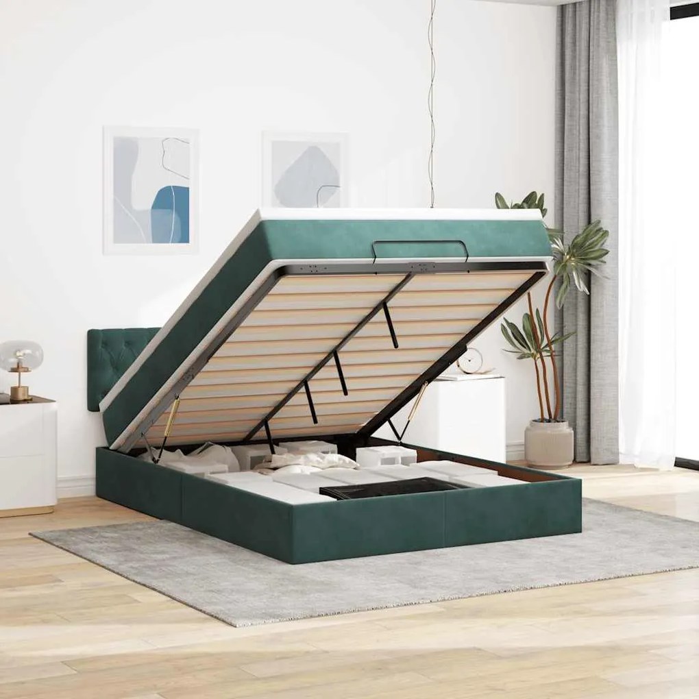 vidaXL Estrutura de cama otomana com colchão 140x200 cm verde escuro