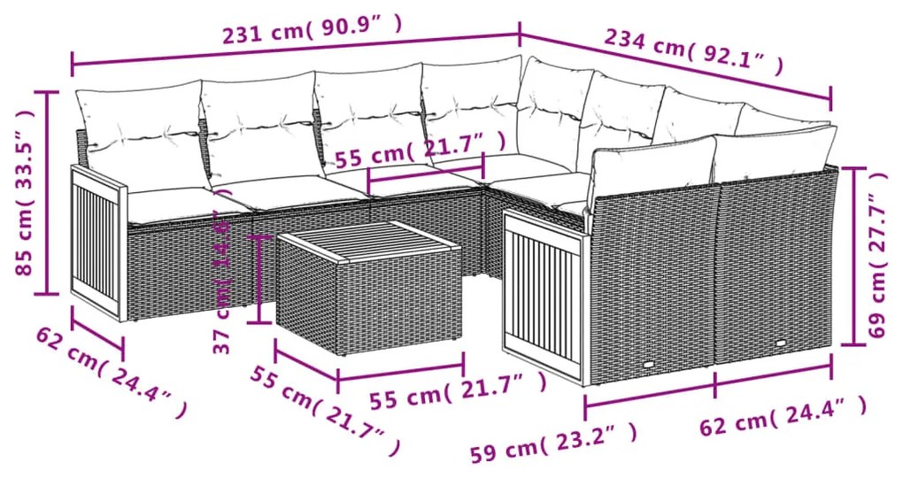 9 pcs conjunto de sofás p/ jardim com almofadões vime PE bege