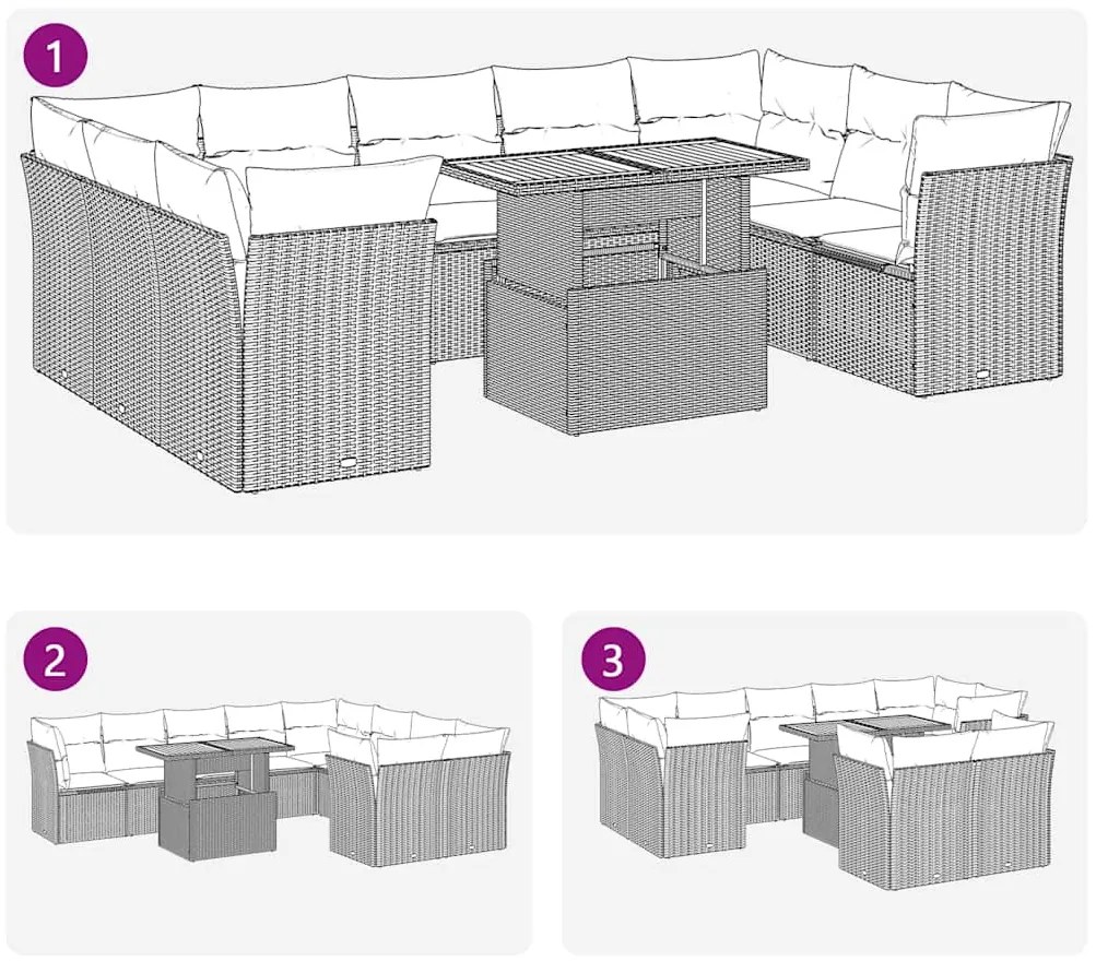 10 pcs conjunto sofás de jardim c/ almofadões vime PE preto