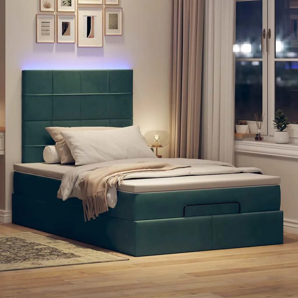 Estrutura de cama otomana com colchões verde escuro veludo