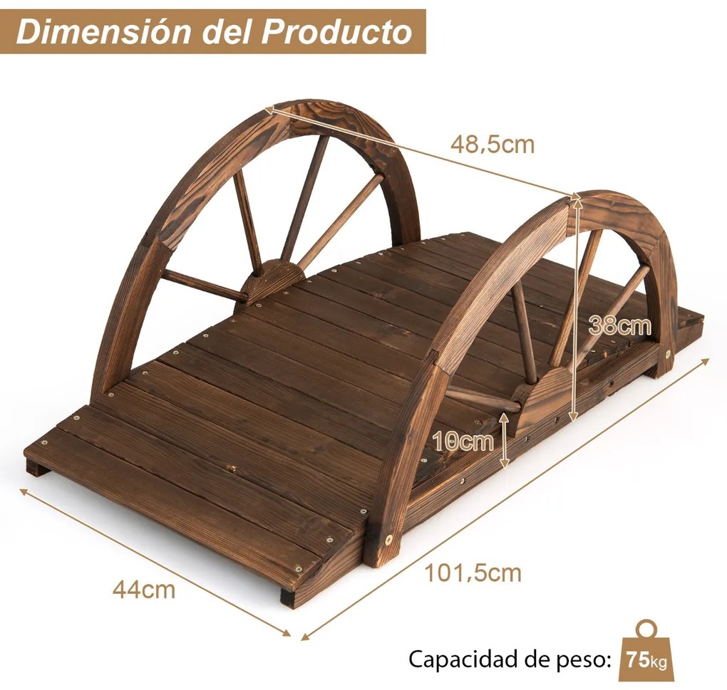 Ponte de madeira para jardim com corrimão duplo de meia roda para decoração 101,5 x 48,5 x 38 cm Castanha